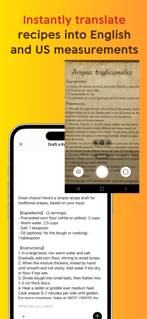 Cookpad Recipes, homemade food - Écran de smartphone affichant la fonctionnalité de l'application Cookpad qui traduit instantanément une recette espagnole en anglais et en mesures américaines.