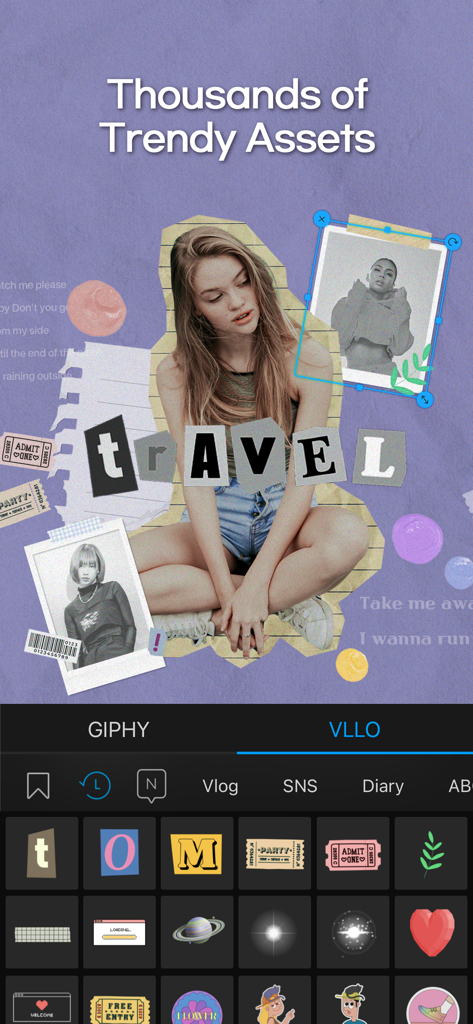 Interface do editor de vídeo VLLO mostrando uma biblioteca de adesivos e ativos populares para vlogs criativos