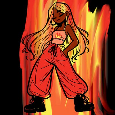 girl in baggy pants crop top and long hair