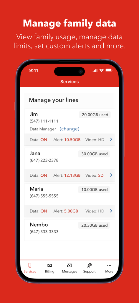 Interfaccia dell'app MyRogers che mostra l'utilizzo dei dati familiari e la gestione per più linee di account.
