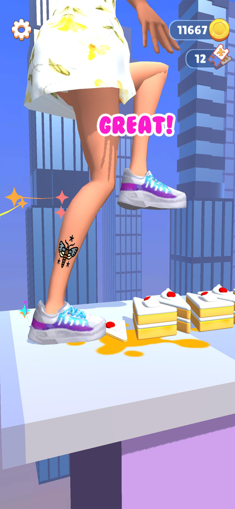 ASMR Tippy Toe - A character wearing colorful sneakers stepping on and squishing cakes in a city environment within the ASMR Tippy Toe game