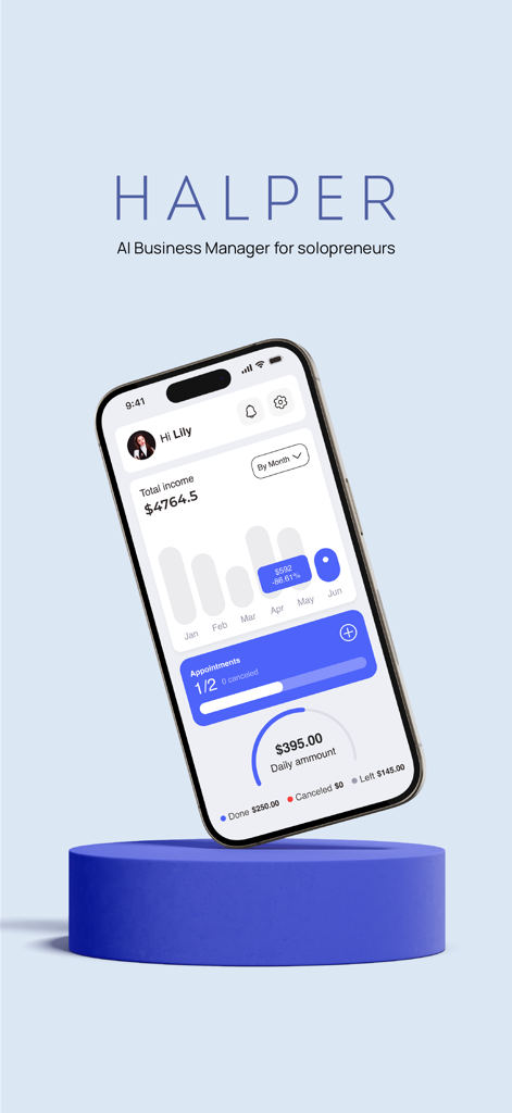 Halper - Halper app dashboard for solopreneurs displaying total income analytics and appointment schedule