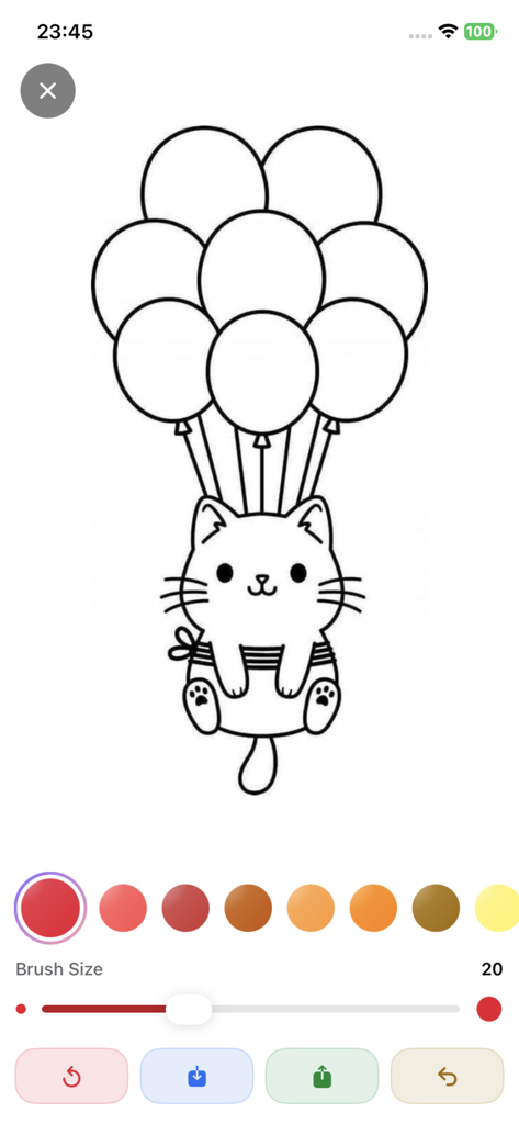 AR Drawing - TraceCam - Interface de coloração digital no aplicativo TraceCam com um gato fofo com balões e ferramentas de arte.