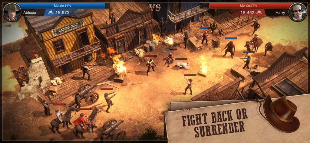 West Game - 모바일 게임 웨스트 게임에서 카우보이, 대포, 불타는 건물이 있는 서부극 마을의 전략적 전투 장면