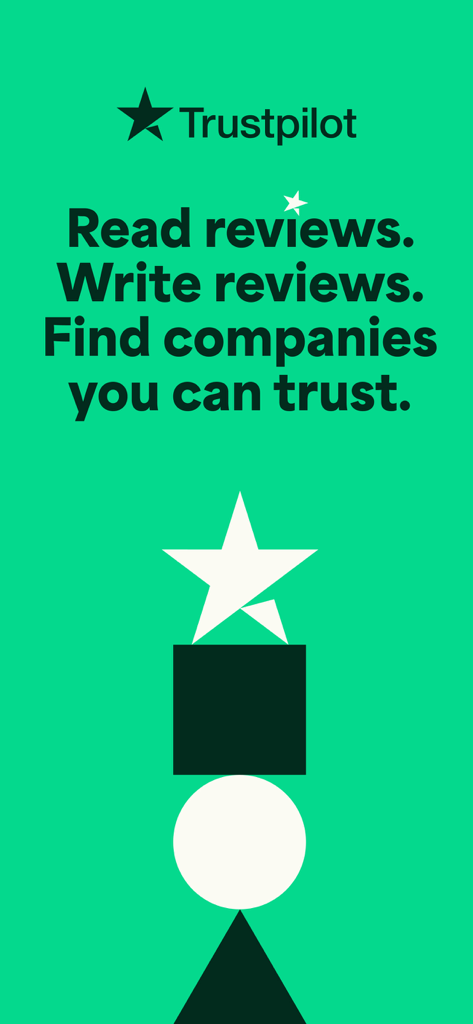 Trustpilot: Reviews & Ratings - Trustpilot 앱 화면, 녹색 배경에 후기 읽기 후기 작성 신뢰할 수 있는 회사 찾기 슬로건 표시