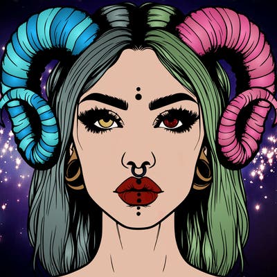 realistic woman with ram horns and piercings