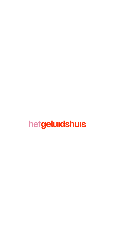 Splash screen of the Geluidshuis app displaying the brand logo in orange and pink text on a white background