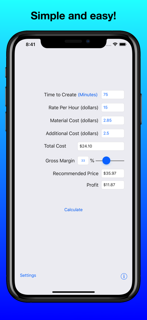 Craft Pricing Helper - Craft Pricing Helper app interface showing fields for time, material costs, and profit margin calculation.