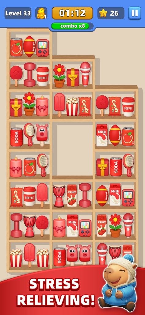 Capy’s Market - Um nível de puzzle de organização de mercadorias em Capys Market apresentando itens com tema vermelho em prateleiras e uma capivara fofa