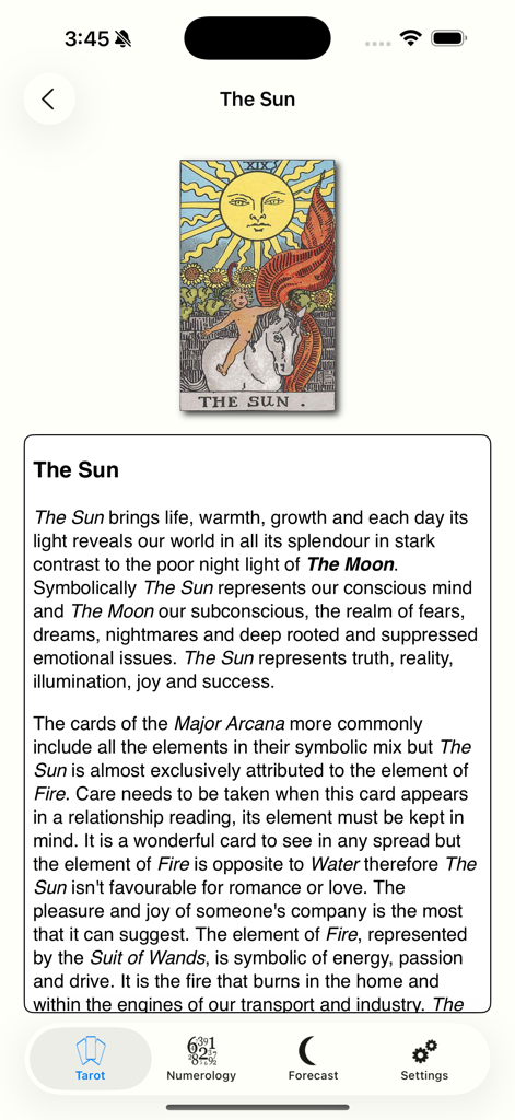 Eine detaillierte Karteninterpretation für Die Sonne in der mobilen App Tarot und Numerologie