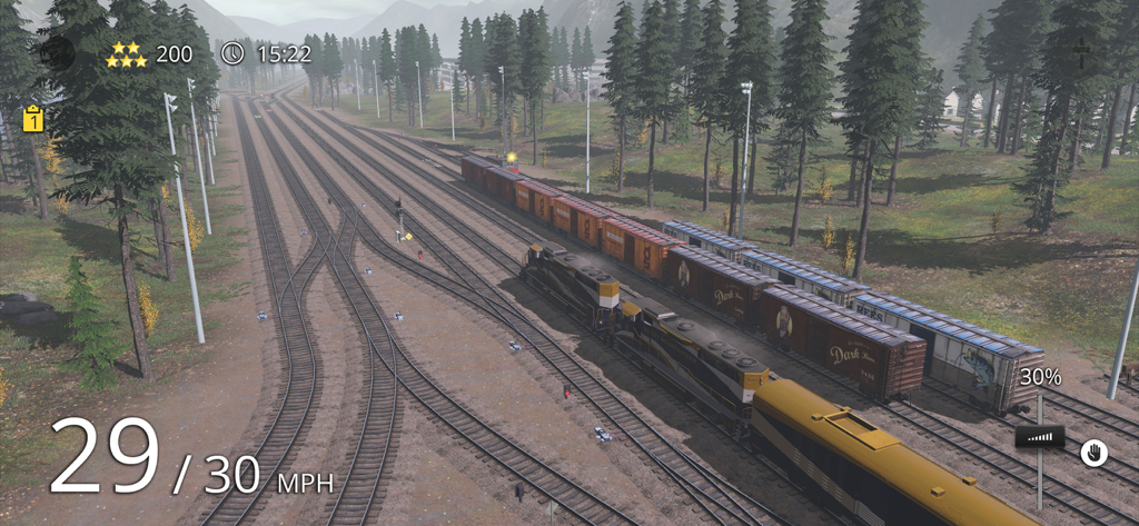 A freight train hauling cargo through a detailed rail yard in the Rocky Mountains in Trainz Simulator 3