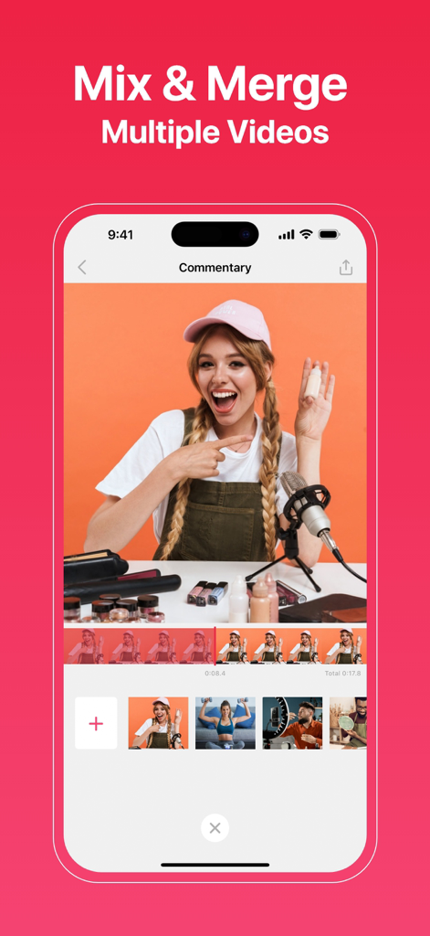 Screen Recorder - Dual Cam - An iPhone screen displaying the Screen Recorder app interface for mixing and merging multiple video clips with commentary features.