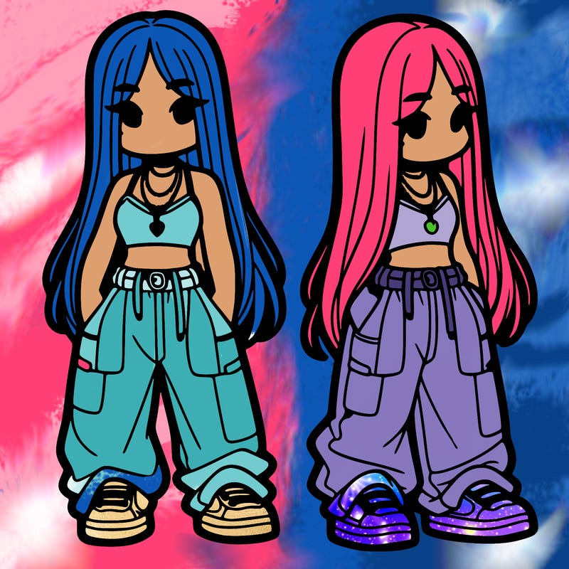 girl in baggy pants crop top and long hair