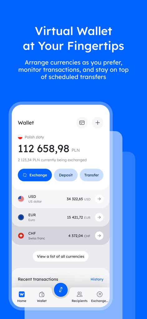 Walutomat app interface displaying a virtual wallet with balances in PLN USD EUR and CHF