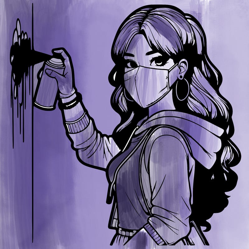 realistic girl with mask spray painting a wall