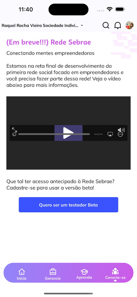 Sebrae - Ein mobiler Bildschirm der Sebrae-App, der das kommende soziale Netzwerk für Unternehmer mit einem Beta-Test-Registrierungsbutton bewirbt