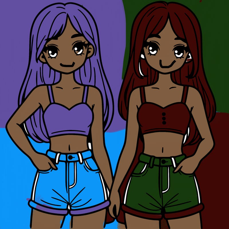 two sisters with crop tops and jean shorts and straight hair