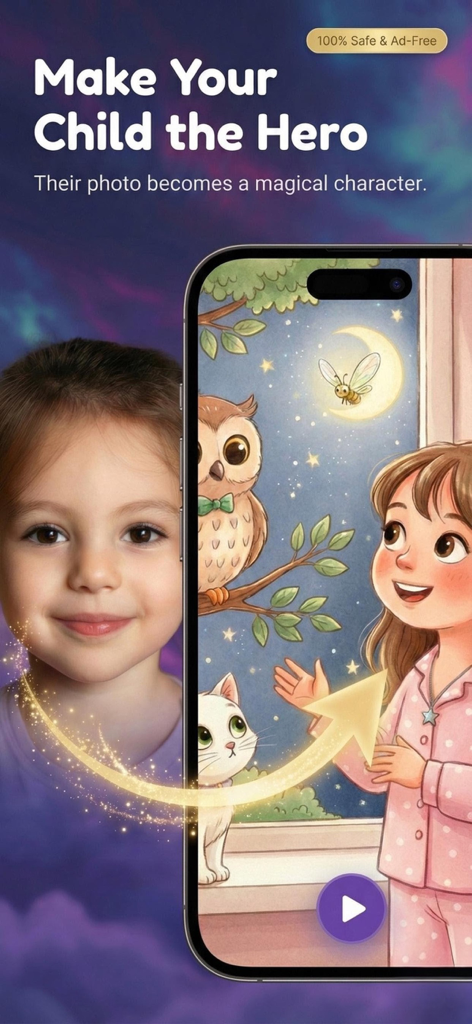 TaleHero: Bedtime Stories - 子供の写真がTaleHeroアプリの魔法のイラストストーリーキャラクターに変身している様子