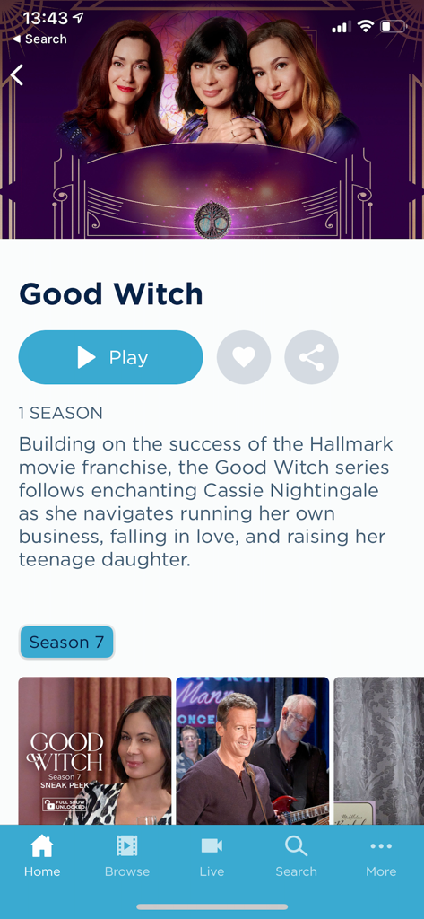 Hallmark TV - Interfaz de la aplicación Hallmark TV mostrando la página de detalles de la serie Good Witch con un botón de reproducción e información de la temporada