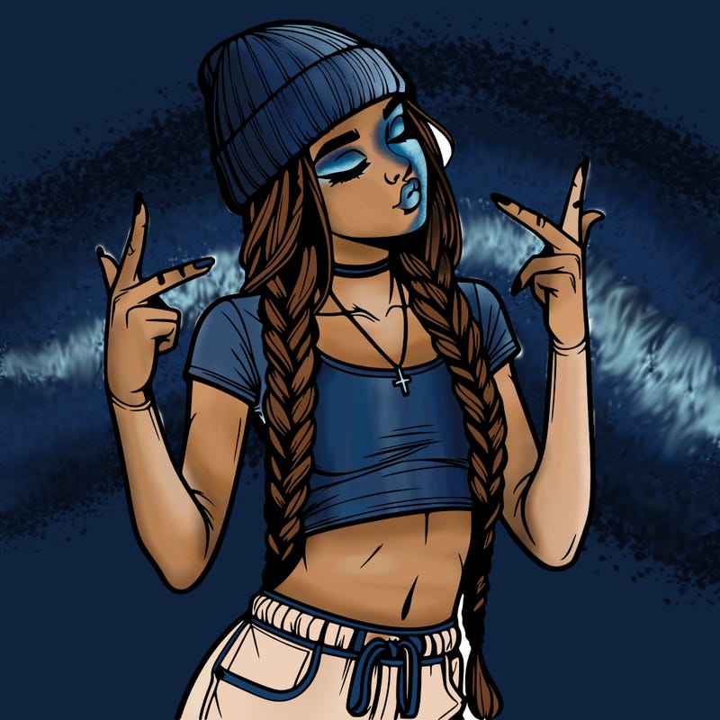 realistic teenage girl with braids and a beanie and crop top doing 🫶🏼