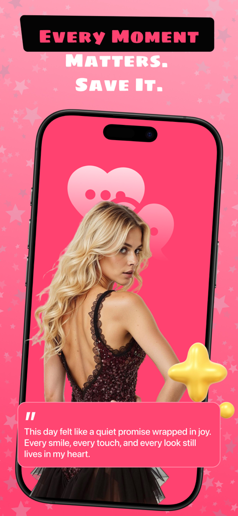 Azar - Be Happy - A smartphone screen showing a memory journal entry with a photo of a woman and a sentimental quote about joy.