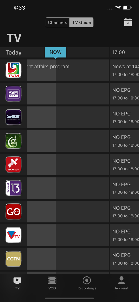 PSM Connect TV app interface showing a list of Maldivian TV channels and programming guide