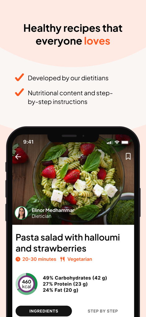 Yazen app screen showing a healthy pasta salad recipe with detailed nutritional information and instructions developed by dietitians
