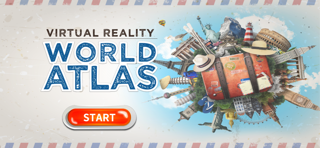 The start screen of the Virtual Reality World Atlas app featuring a travel suitcase surrounded by iconic world landmarks.