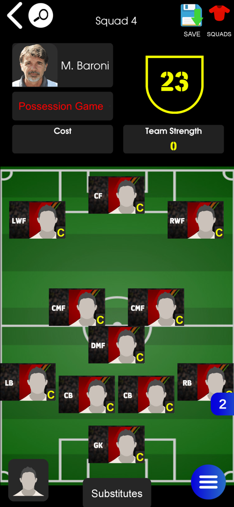 eFHUB 26 - Squad builder interface in eFHUB 26 showing a football pitch formation and manager details