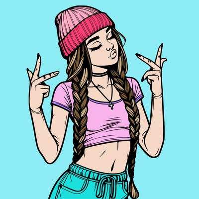 realistic teenage girl with braids and a beanie and crop top doing 🫶🏼