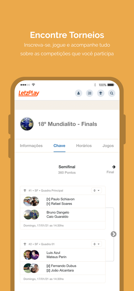 LetzPlay.me - LetzPlay app interface displaying a tournament bracket for a racquet sports competition with semifinal matchups