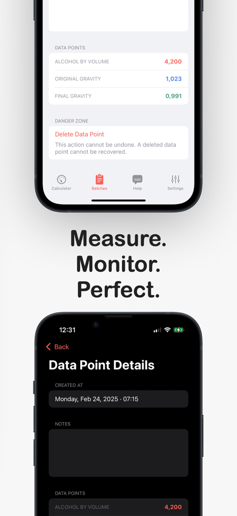 Calculate Alcohol by Volume - Mobile app screens showing alcohol by volume calculations and brewing batch data points.