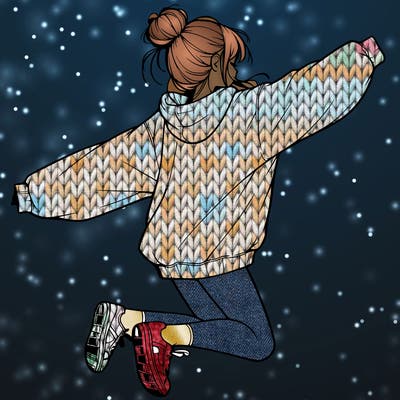 realistic girl jumping with a bun and oversized sweatshirt