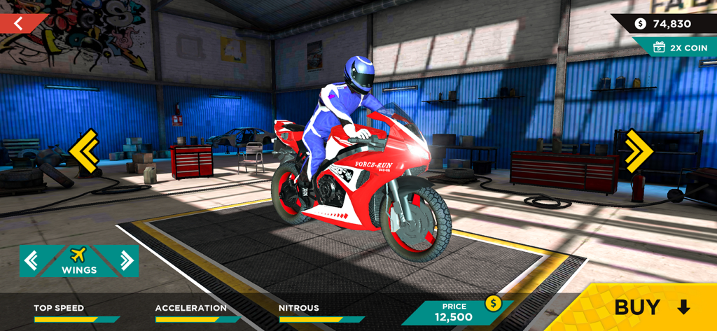 Flying Bike – Fly Motorbike 3D - Garage view of a red sports bike with a rider and the wings upgrade menu in Flying Bike 3D