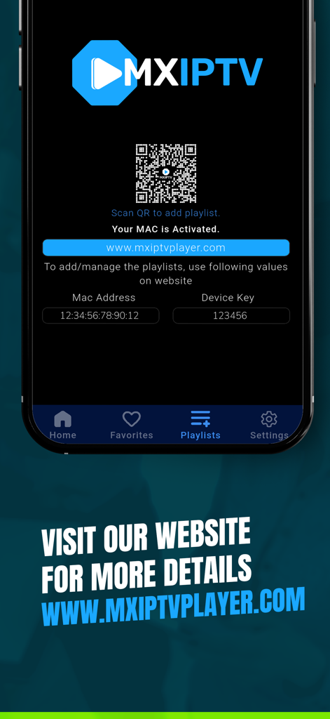 MX Player: IPTV Player - MX IPTV Player app setup screen showing QR code and device activation details