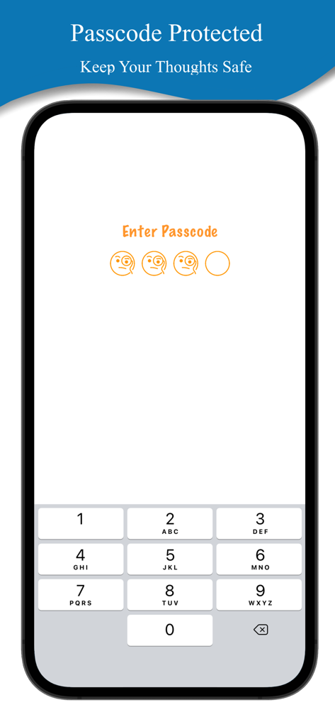 Emoji Journal - Emoji Journal app passcode entry screen with a numeric keypad and emoji icons to protect personal thoughts.