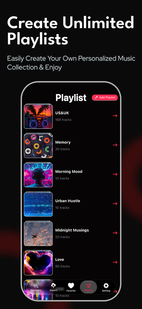 Player EQ - Music, Videos - Interface of the Player EQ app showing a list of personalized music playlists like Morning Mood and Urban Hustle.