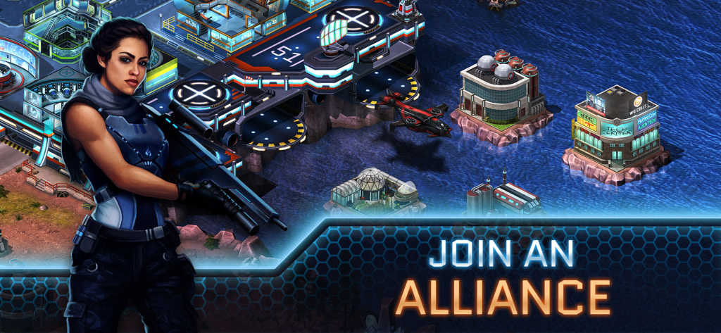 A female soldier with a futuristic rifle standing in front of a sci-fi military base with the text Join An Alliance.