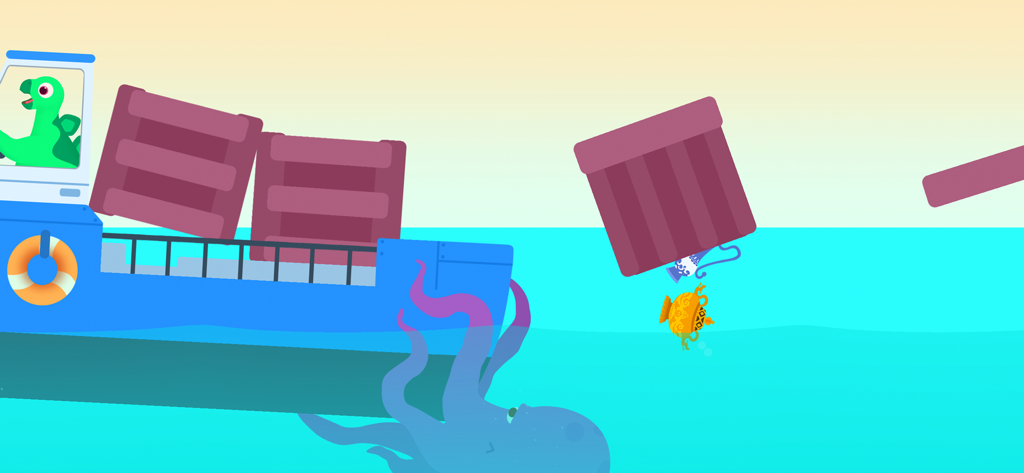 Dinosaur Submarine for toddler - A cartoon dinosaur piloting a blue ship while crates and ancient treasures fall into the water above a giant octopus