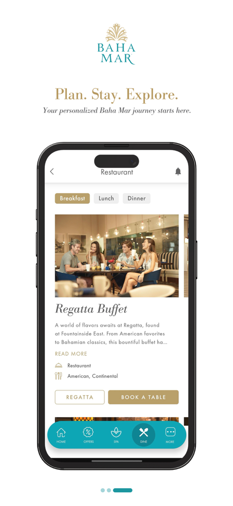 Experience Baha Mar - A smartphone displaying the restaurant reservation screen for Regatta Buffet in the Experience Baha Mar app