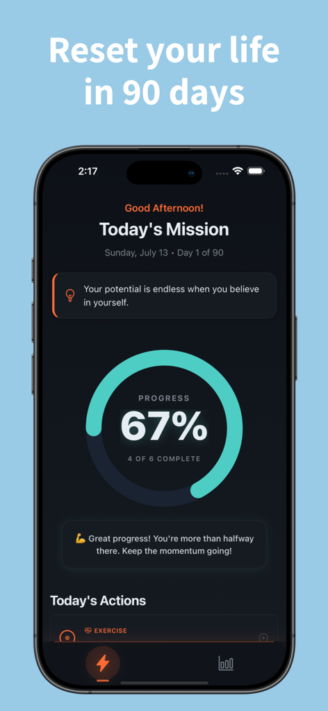 90 Day Challenge - Resettr - Panel de la aplicación Resettr en iPhone que muestra el sesenta y siete por ciento de finalización de una misión de desafío de hábitos de noventa días.