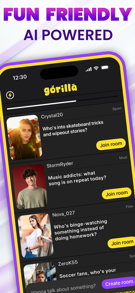 Gorilla Chat: Live Social - Gorilla Chat app interface displaying a feed of live interest-based chat rooms with join buttons.