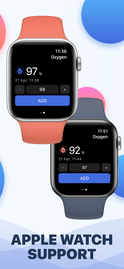 Two Apple Watches showing the Blood Oxygen app interface for logging and tracking O2 levels.