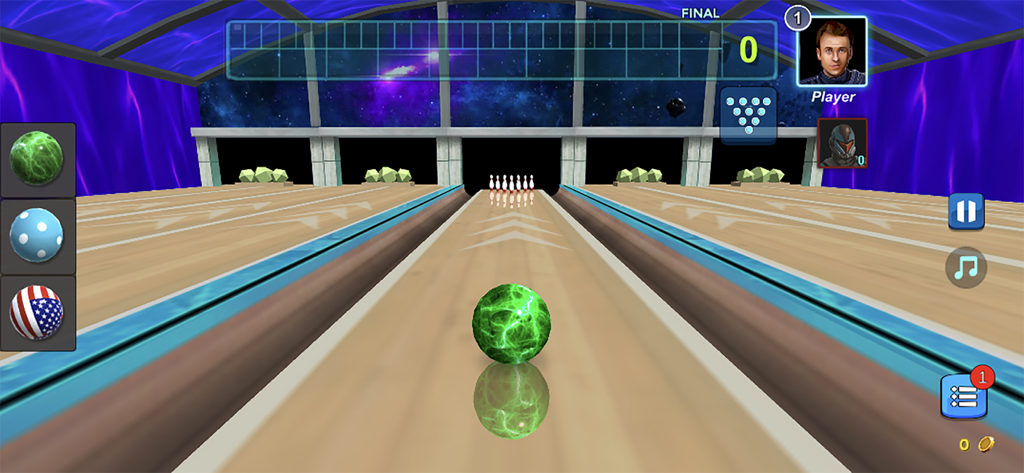 Jugabilidad de un juego de bolos 3D que muestra una bola verde brillante en una pista y un avatar de jugador