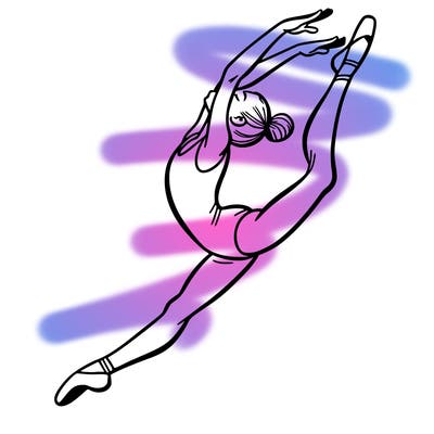 gymnast doing a leap in a leotard with a bent back leg