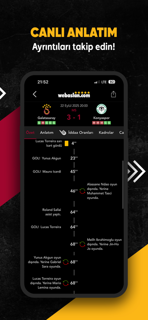 Webaslan - GS 1905 Haber - Tela de narração de partida ao vivo do aplicativo Webaslan mostrando a pontuação e a linha do tempo de eventos do Galatasaray contra o Konyaspor