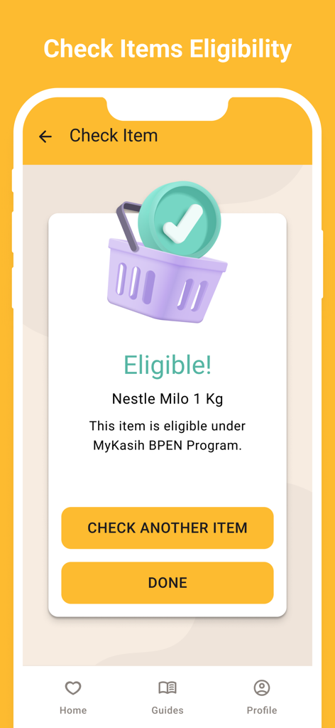 MyKasih - Screenshot of MyKasih app showing an eligible grocery item under the welfare program