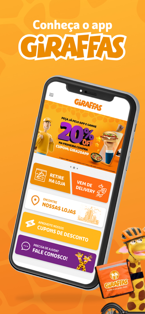 Giraffas mobile app home screen showing 20 percent discount and delivery options
