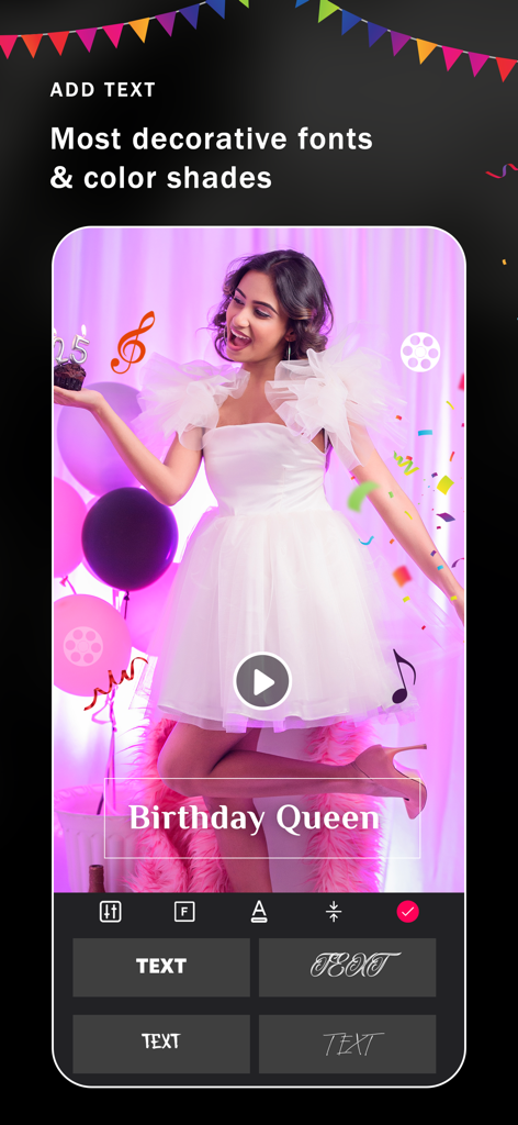 Birthday Video Maker Songs - Pantalla de la aplicación creadora de videos de cumpleaños mostrando opciones de texto decorativo y fuentes para saludos de cumpleaños personalizados