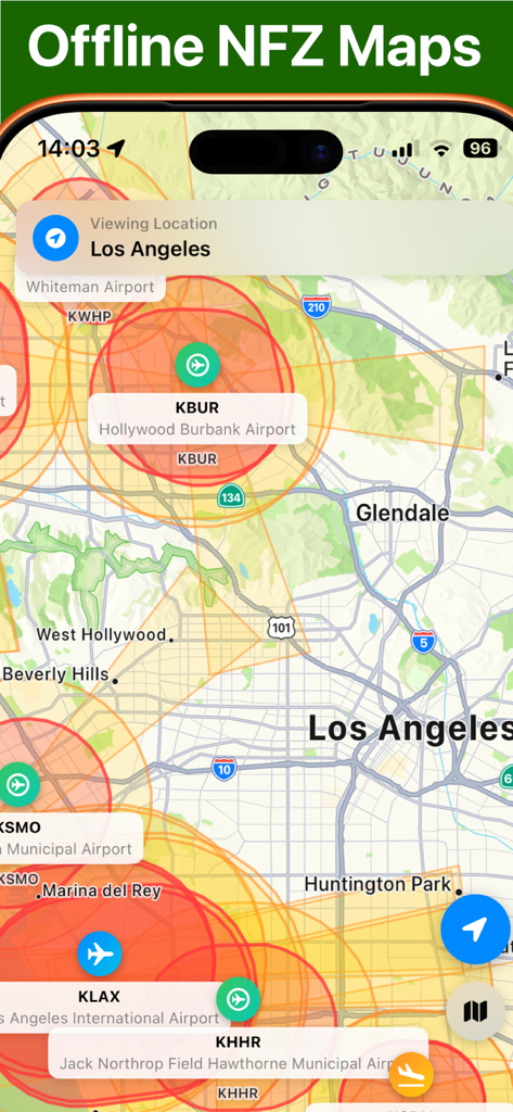 Weather 4 Fly Drone & NOTAM - Offline No Fly Zone map of Los Angeles showing restricted airspaces around airports for drone pilots.